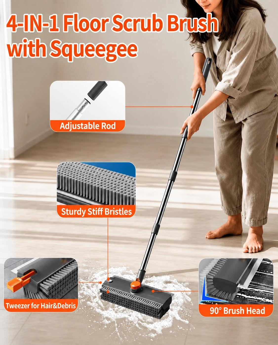 3-in-1 Floor Scrub Brush with Adjustable Long Handle