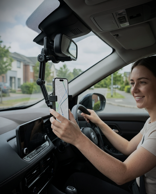 360° Rearview Mirror Car Phone Holder with Adjustable Arm